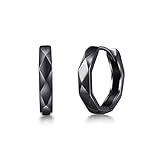 Immobird Mens Earrings Hoop Unique Geometric Cut Face 15mm 925 Sterling Silver Black Hoop Earrings H