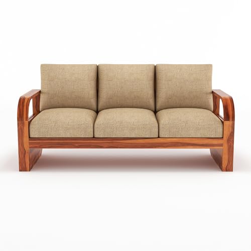 Image of Solid Sheesham Wood 4 Seater Sofa Set | Wooden Sofa Set for Your Living Room with Brown Cushions | Four Seater Sofa Set for Home (3+1 Mett, Honey)