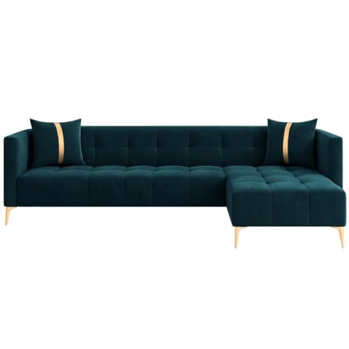Image of FURNY Styliving 6 Seater Fabric RHS Sectional L Shape Sofa Set (Greenish Teal) with Golden Finish Legs | Durable & Comfortable | Ideal for Living Room