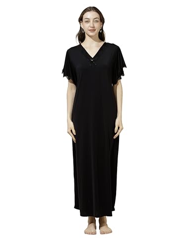 Image of 9shines Label Stylish Soft Modal Maxi Nighty | Honeymoon Nighty | Full Length Trendy Nightgown | V-Neck Lace | Premium Nightdress | Soft Long Nightdress | Maxi Gown Nightwear for Women (Malai Satin)