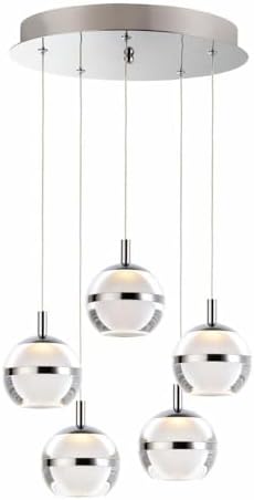 ET2 E24595-93PC Swank Metal Band with Acrylic/Frosted Orb Pendant Ceiling Lighting, 5-Light 30 Watts, 6" H x 15" W, Polished Chrome