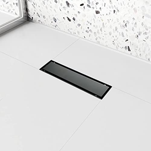 Elefloom Linear Shower Drain, Black Shower Drain 12 inch with 2-in-1 Tile Insert Cover, Brushed AISI 304 Stainless Steel Black Shower Floor Drain, Shower Drain with Hair Catcher and Adjustable Feet