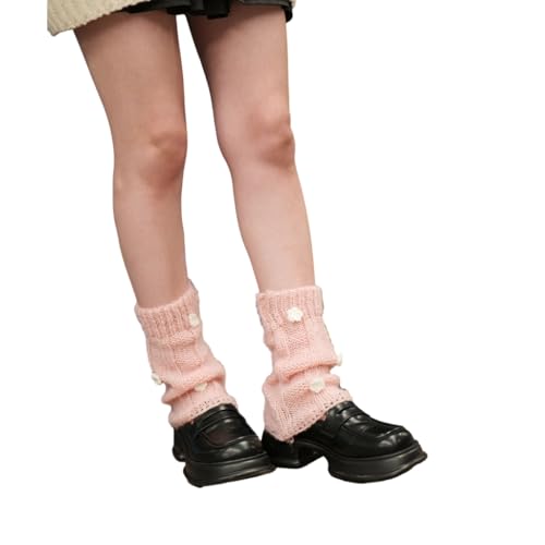 Women Japanese Crochet Knitted Short Leg Warmer Socks Solid Color Sweet 3D Floral Loose Leg Covers Boot Cuffs