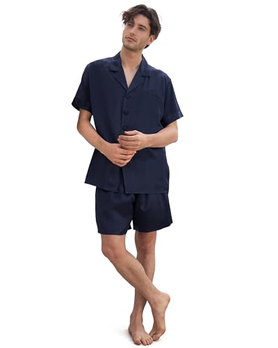 LilySilk 100% Silk Short Pajama Set for Men Mulberry Silk Classic Pajamas for Summer Elastic Self-Tied Short Pants