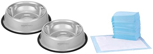 Image of AmazonBasics Pet Training and Puppy Pads with Leak-Proof Quick-Dry Design, Regular - 50 Piece & Amazon Basics Stainless Steel Pet Feeding Bowl,1800ml,(Set of 2)