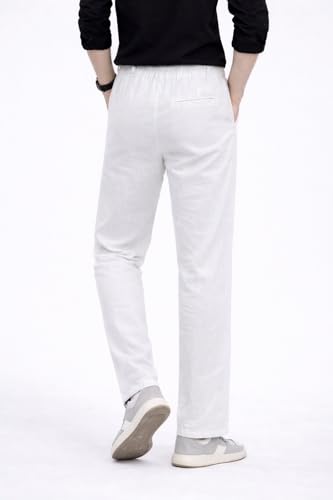 Image of Men's Linen Pants, White, Straight Fit, Elastic Waistband with Drawstring, Casual Trousers