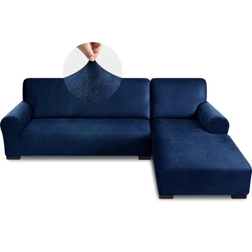 Pfrstuv Sectional Couch Covers, Leather Look Sofa Cover L Shape 2PCS Soft Stretch Slipcover for Sectional Sofa, Non Slip Furniture Protector (3 Seat Sofa + 3 Seat Left Chaise, Navy)