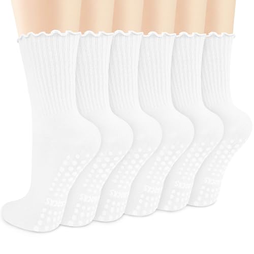 Justay 6 Pairs Womens Pilates Socks with Grips Crew Non Slip Ruffle Cotton for Athletic Workout Barre Hospital Yoga Socks