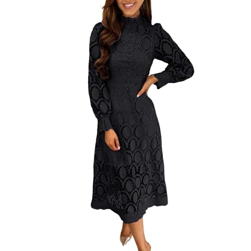 YCBMINGCAN Frauen Sommer Spitze ausgehöhlt Kleid schlank Stehkragen Puffärmel solide langes Kleid Langes Schwarzes Kleid (Black, M)