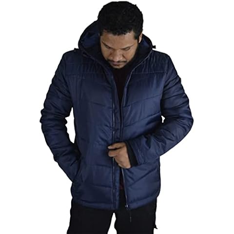 Mens Hooded Jacket Lightweight Padded Quilted Puffer Zip Pockets Warm Outdoor Premium Quality Coat-Navy-M Cover