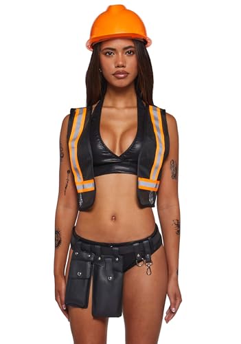 Dolls Kill Construction Worker Costume by Trickz N Treatz Faux Leather Crop Top with Safety Vest Tool Belt & Hard Hat Medium