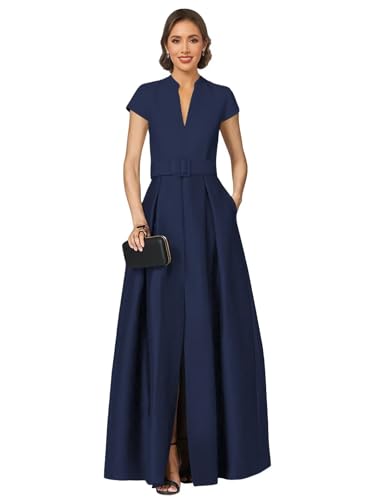 Satin Long Formal Evening Dress V Neck A Line Mother of The Bride Dresses Short Sleeve Cocktail Gown with Slit