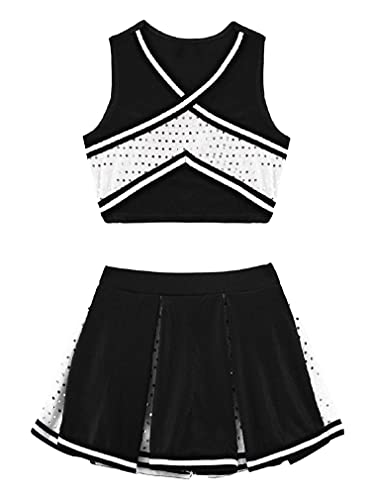 Renvena Girls Cheerleading Dance Outfits Crop Top Pleated Skirts Sets Kids Halloween Dancewear Costume Black 14 #TOP2