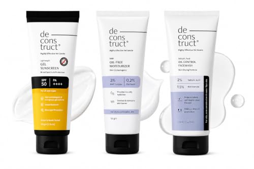 Image of Deconstruct Gel Sunscreen 50gm + Oil Free Moisturizer 50gm + Oil Control Facewash 100ml Trio