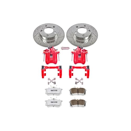 Image of PowerStop Rear Brake & Caliper Kit for Volkswagen Jetta 2001-05 - Drilled & Slotted Disc Rotors + Carbon-Fiber Ceramic Brake Pads + Red-Powder Coated Calipers, KC847-26