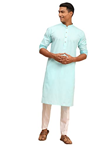 Kurta homme coton léger contre la chaleur ensemble pyjama aqua blanc