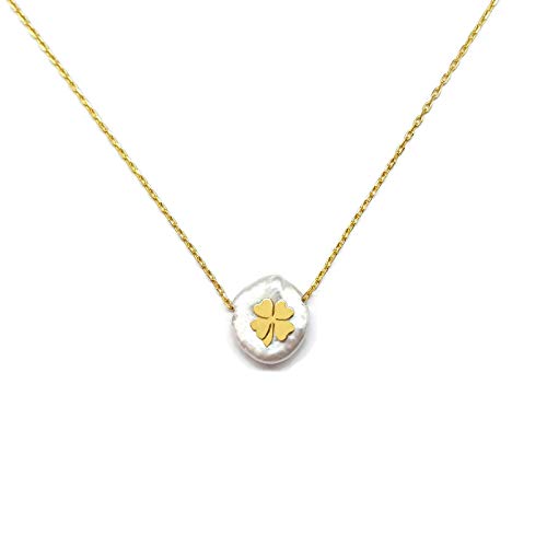 Mystic Jewels By Dalia - Collar Mujer Perlas de Aqua Plata de Ley 925 con trébol - Cadena 40 a 45 cm Longitud, para la Navidad, Boda, Dia de San Valentin (Dorada)