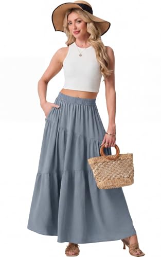 GRECERELLE Women's Summer Blue Maxi Skirt Trendy High Waist Tiered A-Line Long Skirts with Pockets for Beach Vacation, S — view 4