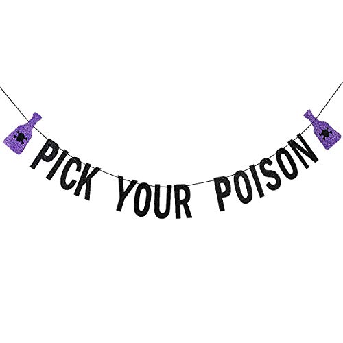Black Glitter Pick Your Poison Banner Potion Bar Banner, Pick Your Poison Sign Halloween Party Banner for Haunted Mansion Home Halloween Hocus Pocus Party Decorations