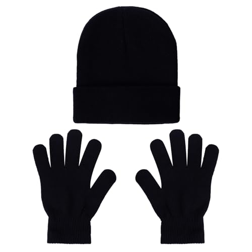 Kids Beanie Hat and Gloves Set for Boys Girls, Knit Hat Winter Gloves Warm Unisex Cold Weather Cap Stretchy Glove