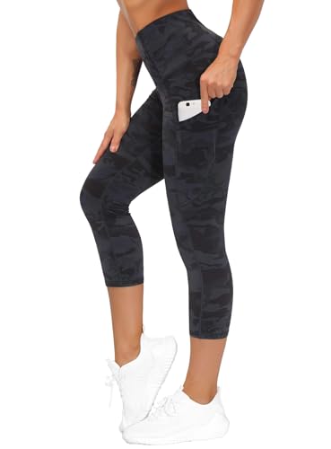 Image of THE GYM PEOPLE Thick High Waist Capris Yoga Pants with Pockets, Tummy Control Workout Running Yoga Leggings for Women