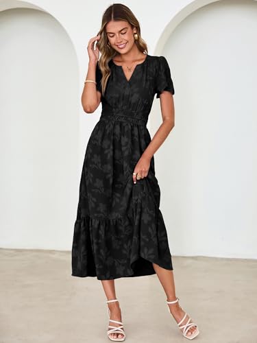 Image of Simplee Womens Summer Boho Maxi Dress Semi Formal Wedding Guest Short Sleeve V Neck Empire Waist Floral Long Dresses
