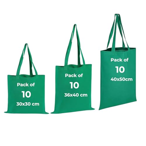 IMFAA Bolsas de compras reutilizables de lona, paquete de 10, 100% algodón, ideales para imprimir y bordar en varios colores, forro de algodón, lavable a máquina, unisex adultos, Green, Small 30x30