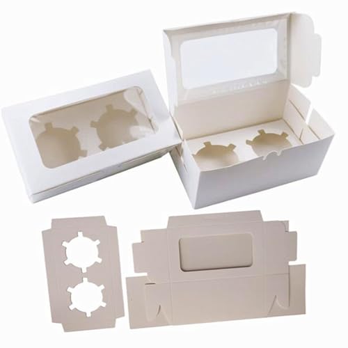Ebonee White Paper Cupcake Boxes Fits 2 Muffins, Cookie Cupcake Containers with Clear Window and 2 Treat Holder, Portable Bakery Carrier Cake Box for Birthday Holiday Party Supply (30 Pack)