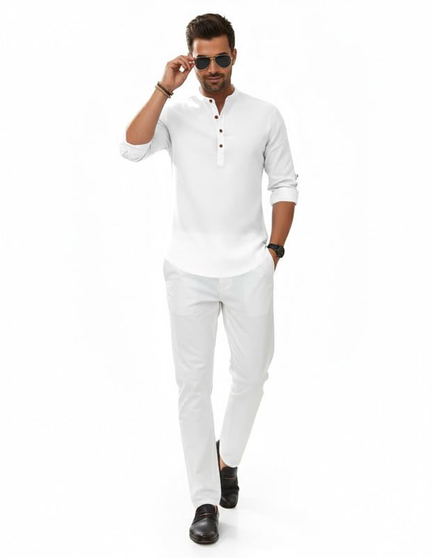 Image of Macsivo Men's Cotton Blend Solid Short Kurta with Regular Lenth Mandarin Neck Full Sleeves and roll-up tab| Kurta Style Shirt for Men