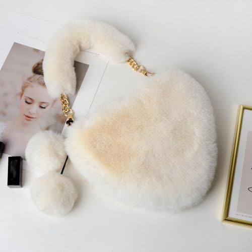 Furry Heart Shaped PurseHeart Shaped Faux Fur Purse Fluffy Crossbody Bag Chain Shoulder Bag Cute Clutch (White)