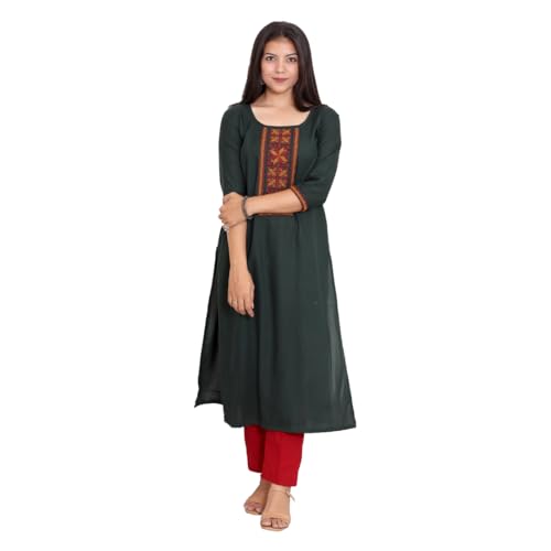 Image of Women's Rayon Straight One Piece Kurti with Ethnic Thread Embroidery | Round Neck 3 /4 Sleeve Calf Length Kurta for Office Bottle Green & Navy Blue | (M-XXL)