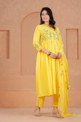 Image of KANCHAN TRADERS Women's Cotton Round Neck 3 /4 Sleeve Chikankari Embroidered Printed Kurta Palazzo with Dupatta Set