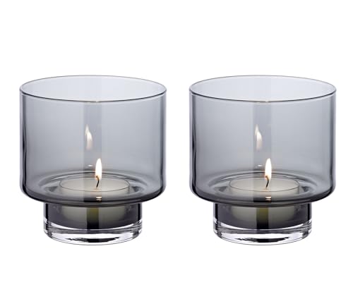 Edzard Lanterns Set of 2, Dark Mouth-Blown Glass, 11 cm Diameter, for Maxi Tea Lights, Grey, Glass, Tabletop, 0.4 kg
