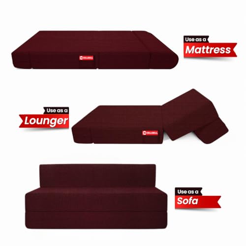 Image of CELLBELL Comfy Sofa Cum Bed 6x6.5 Feet | Foldable Dual Use Couch Bed with Soft Cushions, Washable Fabric Cover & Sturdy Frame | Space Saving Modern Design for Living Room, Bedroom Guest Use (Maroon)