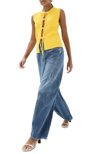 Image of KMBANGI Women Y2K Crochet Vest Top Tie Front Knit Sleeveless Tank Top V Neck Button Down Crop Top Streetwear(H-Knittd Tank Vest Top Yellow,S), Small