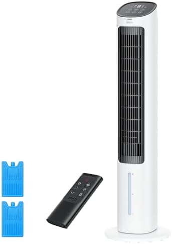 Dreo Evaporative Air Cooler, 40” Standing Bladeless Cooling Fan for Bedroom, 80° Oscillating Fans that Blow Cold Air, Swamp Cooler, Removable Water Tank, Ice Pack, 3 Mode 4-Speed, White and Black