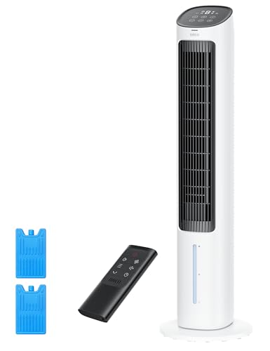 Image of DREO Tower Fan for Bedroom, 40 inch Evaporative Air Cooler, Cooling Fans That Blow Cold Air with 80 Oscillating, Removable Water Tank, 3 Modes 4-Speed, Remote Control, Quiet Floor Fan, White and Black