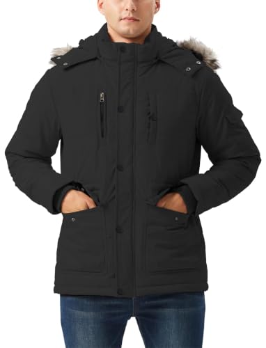 KVE Men's Heavy Hooded Parka Padded Winter Jacket-Black_Fur Small