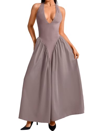 Image of ChiaoLezhee Deep V Neck Dress, Halter Maxi Dresses, Vacation Date Night, Sexy for Women Corset Flowy Wedding Guest Drop Waist
