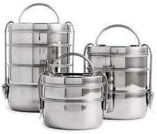 2-Tier Round Stainless Steel Tiffin Box Indian Lunch Box Picnic Box | Keeps food fresh | Easy to carry | Ideal for Camping and Trekking | Can fit into backpack | Stackable |