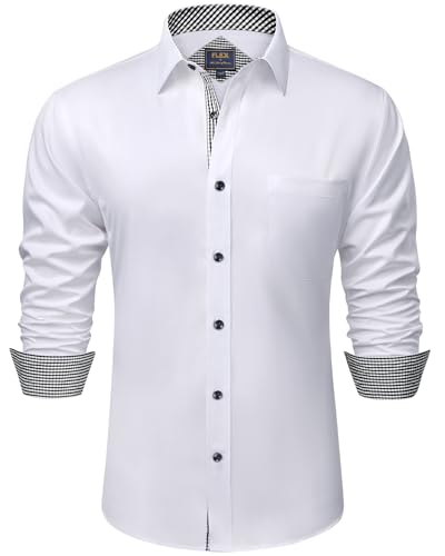 siliteelon Bügelfreie Hemden Herren Modische Langarm Musterhemd Business Casual Oberhemd mit Tasche für Arbeit Weiß 5XL