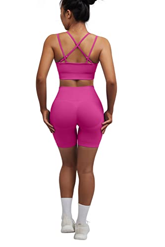 Omkagi Workout Sets For Women Seamless Strappy Sports Bra Butt Lifting Workout Shorts Leggings 2 Piece Gym Outfits(M,4-Dragon Fruit) #TOP4