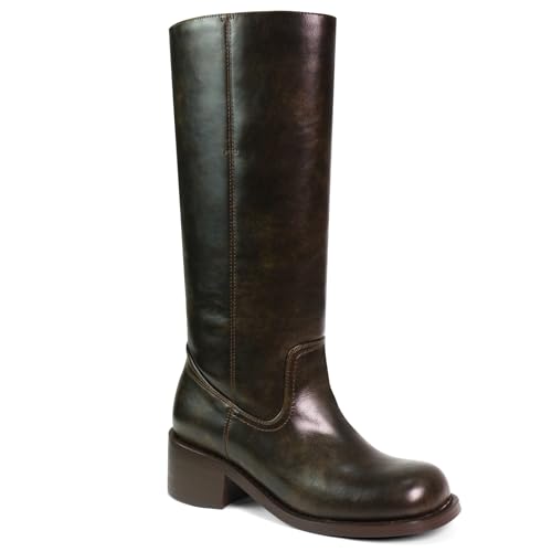 UBWDU Dark Brown Knee High Boots for Women Wide Calf Square Toe Campus Boots Tall Platform Chunky Heel Boots Long Riding Boots Size 9