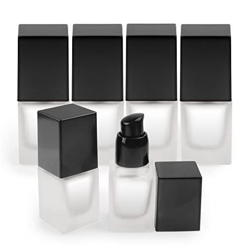 6 Pack 15ml Thick Frosted Glass Pump Bottles with Black Pump Head, Empty Square Cosmetic Containers for Foundation, Lotion, Serum, Essential Oil