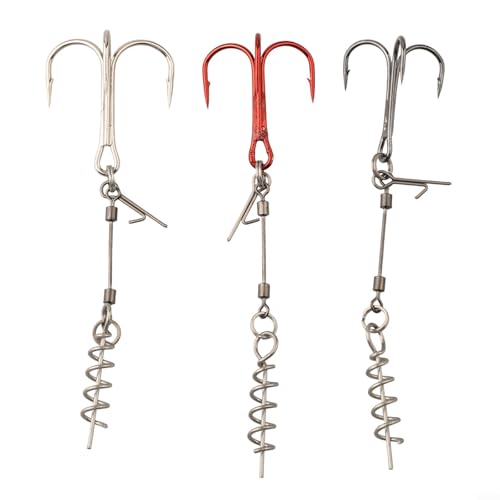 Honseadek Lot de 3 hameçons triples de pêche avec goupille à ressort central pour les bas de ligne à vis Twistlock et leurres souples, en acier à haute teneur en carbone pour la pêche au brochet et en