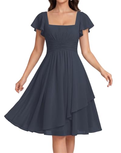 Robe de demoiselle d'honneur froncée en mousseline DSJ186 col carré