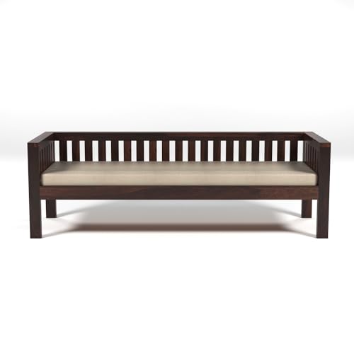 Image of Solid Wood Sheesham 3 Seater Low Height Sofa | Three Seater Sofa for Living Room, Home, Office Furniture with Beige Cushion - Walnut Finish