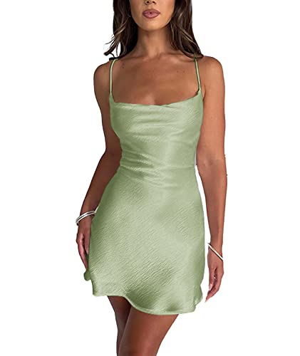 xxxiticat Women's Satin Mini Dress Sleeveless Cowl Neck A-Line Swing Party Lace Up Bandage Open Back Short Slip Dress