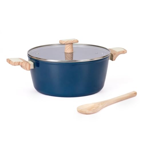 Image of Kreme Ceracook Ceramic Coated Granite Casserole 5.5Ltrs /26cm with Glass Lid, Stew Pot, Biriyani, ISI Certified, Forged Aluminium, Gas & Induction Use, PFAS & PTFE Free, 1 Yr Warranty, Ocean Deep Blue