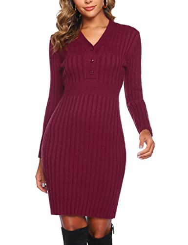 Wayleb Strickkleid Damen Winter Herbst Knitted Dress Kleider Pulloverkleid Sexy Kleid Damen Elegant V Ausschnitt Langarm Winterkleid